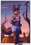  2022 anthro border canid canine canis clothed clothing cloud detailed_background digital_media_(artwork) enginetrap female fence food fruit hi_res jackal looking_at_viewer mammal midriff open_mouth open_smile outside plant pumpkin signature sky smile solo syl_(enginetrap) tree 