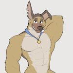  2022 abs all_dogs_go_to_heaven anthro anthrofied bedroom_eyes biceps big_muscles canid canine canis charlie_barkin domestic_dog don_bluth eyebrows fur german_shepherd hand_behind_head herding_dog hi_res jrjresq looking_at_viewer male mammal medal muscular muscular_anthro muscular_male narrowed_eyes navel notched_ear nude obliques pastoral_dog pecs seductive simple_background smile solo standing teeth tuft white_background 