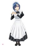  1girl absurdres black_footwear blue_hair bokutachi_no_remake full_body hair_ornament hairclip heart heart_hands highres long_sleeves looking_at_viewer maid maid_headdress nao_suke pantyhose puffy_long_sleeves puffy_sleeves purple_eyes shino_aki shoes simple_background solo standing white_background 