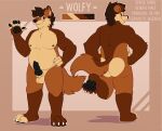  anthro butt canid canine canis dingo grin hi_res male male/male mammal model_sheet pawpads paws pecs rear_view smile solo standing wolfy_(adingo11) 