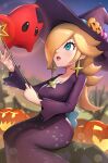  1girl absurdres blonde_hair blue_eyes blurry blurry_background brooch collarbone dress earrings gonzarez hair_over_one_eye halloween halloween_costume hat highres holding holding_wand jack-o&#039;-lantern jack-o&#039;-lantern_hat_ornament jewelry long_sleeves luma_(mario) mario_(series) mario_kart mario_kart_tour official_alternate_costume open_mouth pumpkin purple_dress purple_headwear rosalina star_(symbol) star_earrings tree twitter_username wand witch_hat 