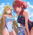  2girls bangs black_one-piece_swimsuit blonde_hair breasts chest_jewel competition_swimsuit covered_collarbone gxp headpiece highres large_breasts long_hair multiple_girls mythra_(radiant_beach)_(xenoblade) mythra_(xenoblade) one-piece_swimsuit pyra_(pro_swimmer)_(xenoblade) pyra_(xenoblade) red_one-piece_swimsuit ribbed_swimsuit strapless strapless_swimsuit striped striped_one-piece_swimsuit swept_bangs swimsuit tiara two-tone_swimsuit vertical-striped_swimsuit vertical_stripes very_long_hair white_one-piece_swimsuit xenoblade_chronicles_(series) xenoblade_chronicles_2 yellow_eyes 