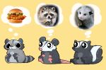  2022 black_body black_eyes burger chibi didelphid feral food grey_body group happyraccoons hi_res mammal marsupial mephitid pink_nose procyonid raccoon real simple_background sitting skunk white_body 