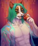  2021 absurd_res anthro apple clothed clothing digital_media_(artwork) domestic_cat felid feline felis food fruit green_eyes green_hair hair hi_res holding_apple holding_food holding_fruit holding_object looking_at_viewer male mammal open_clothing open_mouth open_topwear plant romarom shaded solo teeth topwear translucent translucent_clothing translucent_topwear 