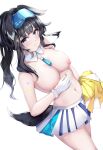  1921494015 1girl absurdres bangs bare_arms bare_shoulders black_hair blue_archive blue_eyes blush breasts cheerleader cleavage gloves hibiki_(blue_archive) hibiki_(cheerleader)_(blue_archive) highres holding holding_pom_poms large_breasts looking_at_viewer medium_hair navel nipples pleated_skirt pom_pom_(cheerleading) simple_background skirt solo thighs two-tone_skirt white_background white_gloves 