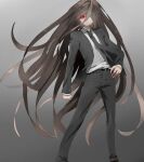  1boy bangs black_jacket black_necktie black_pants black_suit brown_hair clenched_hand closed_mouth collared_shirt danganronpa_(series) danganronpa_2:_goodbye_despair dress_shirt feet_out_of_frame formal gradient gradient_background grey_background grey_shirt hand_on_hip jacket kamukura_izuru leaning_to_the_side long_hair long_sleeves necktie open_clothes open_jacket pants shine5s shiny shiny_hair shirt sideways_glance solo standing suit very_long_hair 