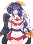  1girl angel_wings asymmetrical_wings bangs blue_hair blush breasts chemaru_(a8l) cleavage cleavage_cutout clothing_cutout dizzy_(guilty_gear) guilty_gear hair_between_eyes hair_ribbon large_breasts looking_at_viewer monster_girl ponytail red_eyes ribbon sidelocks single_hair_ring smile solo tail tail_ornament tail_ribbon wings yellow_ribbon 