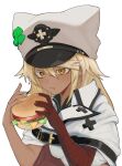  1girl :p absurdres bandaged_arm bandaged_hand bandages bangs blonde_hair blush breasts burger clover dark-skinned_female dark_skin food guilty_gear guilty_gear_xrd hair_between_eyes hat heart highres holding holding_food long_hair medium_breasts orange_eyes ramlethal_valentine ran_(bearsoymilk) simple_background solo tongue tongue_out upper_body white_background white_headwear 