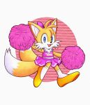  absurd_res accessory anthro blue_eyes bottomwear canid canine cheerleader cheerleader_outfit clothed clothing crossdressing footwear fox fur hair_accessory hair_ribbon hi_res male mammal miles_prower pom_poms ribbons sega skirt socks solo sonic_the_hedgehog_(series) 