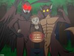  4:3 anthro arlo_davis(dustin_c) blue_eyes brown_body brown_fur brown_hair canid canine canis clothed clothing cryptid dialogue digital_media_(artwork) dustin_c english_text fur glowing glowing_eyes group hair hi_res human looking_at_viewer male male/male mammal monster mothman motion_lines red_eyes shirt simple_background smile speech_bubble text topwear trio were werecanid werecanine werewolf wings wolf yellow_eyes 