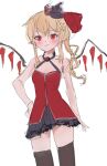  1girl alternate_costume bangs black_skirt black_thighhighs closed_mouth cowboy_shot flandre_scarlet hair_ribbon looking_at_viewer one_side_up pointy_ears red_eyes red_ribbon reddizen ribbon simple_background skirt sleeveless solo standing thighhighs touhou white_background 