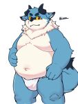  anthro asian_clothing belly binca_233 blue_body clothing demon east_asian_clothing fundoshi hi_res horn japanese_clothing male overweight overweight_male red_eyes solo underwear white_body white_clothing white_fundoshi white_underwear 