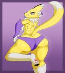  2022 absurd_res anthro bandai_namco big_butt border butt canid canine clothing digimon digimon_(species) fox fur hi_res male mammal not_safe_for_reality panties pawpads purple_border purple_clothing purple_panties purple_underwear raised_leg renamon solo underpaw underwear white_body white_fur yellow_body yellow_fur 