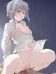 1boy 1girl breasts censored commentary_request copyright_request cum girl_on_top grey_hair hetero highres medium_breasts mosaic_censoring navel nipples purple_eyes saliva sex shirt short_hair squatting_cowgirl_position sweat thighs uno_ryoku vaginal white_shirt 