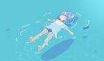  1girl :o afloat animal aoi_tori bangs bare_legs barefoot blue_hair blue_one-piece_swimsuit blush_stickers child closed_eyes commentary_request feet female_child fish full_body hair_between_eyes highres medium_hair ocean open_mouth original outstretched_arms partially_submerged shirt short_sleeves soles solo spread_arms swimsuit swimsuit_under_clothes toes water white_shirt 