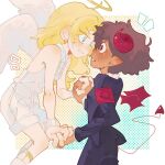  2girls amphibia angel_wings anne_boonchuy blonde_hair brown_hair closed_mouth dark-skinned_female dark_skin demon_horns demon_tail demon_wings halo holding_hands horns interlocked_fingers multiple_girls parted_lips pointy_ears sasha_waybright tail wings yaoyoyun yuri 