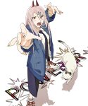  1girl animal_ears black_necktie blue_jacket cat chainsaw_man character_name coat cross-shaped_pupils gao hair_ornament hairclip highres horns jacket long_hair looking_at_viewer meowy_(chainsaw_man) nail_polish necktie open_mouth pink_hair power_(chainsaw_man) red_horns sensui_n2 sharp_teeth shoes shorts simple_background sneakers solo_focus teeth white_background white_cat 