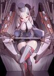  1girl black_necktie black_shorts blonde_hair boushi-ya breasts cannon crossed_legs grey_jacket jacket kantai_collection large_breasts long_hair massachusetts_(kancolle) mast military military_uniform multicolored_hair necktie polearm red_eyes red_hair shorts sitting solo streaked_hair thighhighs turret uniform weapon 