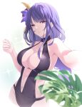  1girl bangs bare_shoulders black_one-piece_swimsuit braid braided_ponytail breasts center_opening cleavage genshin_impact hair_ornament highleg highleg_swimsuit highres large_breasts long_hair looking_at_viewer mole mole_under_eye one-piece_swimsuit purple_eyes purple_hair raiden_shogun smile sogdin solo swimsuit very_long_hair 