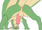  all_fours anthro anus balls blue_eyes bored_draggy18 butt dragon erection genitals green_body green_scales hi_res horn humanoid_genitalia humanoid_penis looking_at_viewer male penis perineum pink_anus pink_penis scales simple_background solo tongue tongue_out white_background wings 