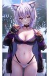  :3 ahoge animal_collar animal_ear_fluff animal_ears bikini black_collar black_hoodie breasts cat_ears cat_girl cat_tail collar hair_between_eyes highres hololive hood hoodie jacket large_breasts looking_at_viewer navel nekomata_okayu open_clothes open_jacket outdoors purple_eyes purple_hair sakuraume short_hair swimsuit tail 