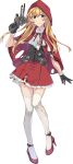  1girl abukuma_(kancolle) abukuma_kai_ni_(kancolle) burnt_clothes cape capelet cloak cosplay full_body gun hood hooded_capelet kantai_collection konishi_(koconatu) little_red_riding_hood little_red_riding_hood_(grimm) little_red_riding_hood_(grimm)_(cosplay) official_art red_capelet red_hood thighhighs torn_clothes turret weapon 