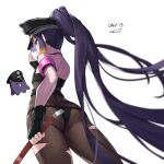  1girl armband backless_outfit bare_shoulders black_gloves black_panties bodysuit crowbar dasdokter fingerless_gloves from_behind gloves hat highres holding hololive hololive_english long_hair ninomae_ina&#039;nis panties pointy_ears ponytail purple_eyes purple_hair simple_background solo takodachi_(ninomae_ina&#039;nis) tentacle_hair torn_bodysuit torn_clothes underwear virtual_youtuber 
