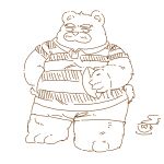  1:1 2022 anthro ball bottomwear clothing container cup hi_res kemono kumalino male mammal monochrome nishiorkita overweight overweight_male roast_(kumalino) rugby rugby_ball rugby_uniform sanrio shirt shorts solo topwear ursid 