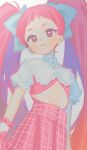  1girl blue_hair blue_ribbon blush character_request copyright_request crop_top dress earrings gloves highres jewelry kouhara_yuyu long_hair looking_at_viewer pink_dress pink_hair red_eyes ribbon simple_background sketch smile tagme twintails very_long_hair white_background 