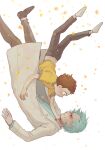  2boys brown_hair coat falling grandfather_and_grandson grey_hair highres labcoat male_focus messy_hair morty_smith multiple_boys ravencrow rick_and_morty rick_sanchez shirt spiked_hair unibrow upside-down white_coat yellow_shirt 