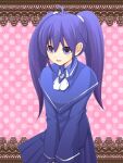  1girl :d ascot bangs blue_capelet blue_shirt blue_skirt blush capelet collared_capelet commentary_request cowboy_shot hair_between_eyes imaichi_moenai_ko kobe_shinbun long_hair looking_at_viewer open_mouth pink_background pleated_skirt polka_dot polka_dot_background purple_eyes purple_hair shirt skirt smile solo tomo-graphy twintails white_ascot 