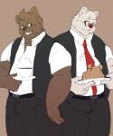  2022 absurd_res anthro beverage bottomwear brown_body clothing coffee container cup drip_(kumalino) duo eyewear glasses hi_res humanoid_hands kemono kumalino lost_out_gi male mammal necktie overweight overweight_male pants polar_bear sanrio shirt simple_background syrup_(kumalino) topwear ursid ursine white_body 