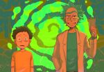  2boys brown_hair coat grandfather_and_grandson grey_hair gun handgun highres holding holding_gun holding_weapon labcoat looking_at_viewer male_focus messy_hair morty_smith multiple_boys portal_(object) ravencrow rick_and_morty rick_sanchez shirt short_hair smirk spiked_hair sweatdrop unibrow weapon white_coat yellow_shirt 
