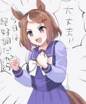 1girl animal_ears breasts brown_eyes brown_hair clenched_hands emphasis_lines grey_background hair_ornament hairclip highres horse_ears horse_girl horse_tail long_sleeves multicolored_hair open_mouth purple_shirt purple_skirt sangria_(sangria69) school_uniform shirt short_hair skirt small_breasts smile solo speech_bubble streaked_hair tail tracen_school_uniform translation_request tsurumaru_tsuyoshi_(umamusume) umamusume upper_body v-shaped_eyebrows 
