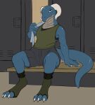  anthro athletic avrielle belly_scales blue_body blue_scales bodily_fluids claws clothing digitigrade exposure_variation female finger_claws flat_chested footwear gym_clothing hi_res horn locker_bench locker_room protatypo reptile scales scalie sitting solo sweat toe_claws towel_on_shoulder 