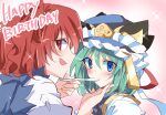  2girls :d balance_scale blue_eyes blue_headwear english_text frilled_hat frills green_hair hair_bobbles hair_ornament happy_birthday hat holding holding_spoon ichimura_kanata multiple_girls onozuka_komachi open_mouth red_eyes red_hair shiki_eiki short_hair smile spoon touhou two_side_up upper_body weighing_scale 