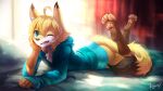 16:9 anthro blonde_hair blue_clothing blue_eyes blue_hoodie blue_topwear blurred_background bottomless bottomless_male brown_body brown_fur canid canine chest_tuft clothed clothing fox full-length_portrait fur glistening glistening_eyes hair hoodie inner_ear_fluff inside looking_at_viewer lying male mammal messy_hair on_front one_eye_closed open_mouth open_smile penguinexperience portrait signature smile solo topwear tuft white_body white_fur white_inner_ear_fluff widescreen yellow_body yellow_fur 