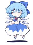  1girl blue_bow blue_dress blue_eyes blue_footwear blue_hair blush_stickers bow cirno closed_mouth crossed_arms detached_wings dress fairy fried_rice0614 full_body hair_between_eyes hair_bow highres ice ice_wings one-hour_drawing_challenge puffy_short_sleeves puffy_sleeves shirt shoes short_hair short_sleeves simple_background smile socks solo touhou white_background white_shirt white_socks wings 