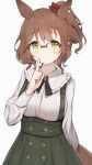  1girl animal_ears aston_machan_(umamusume) bangs blush breasts brown_hair commentary frilled_shirt_collar frills glasses green_eyes green_skirt hair_ornament hair_scrunchie highres horse_ears horse_girl horse_tail index_finger_raised large_breasts long_sleeves looking_at_viewer medium_hair red_scrunchie scrunchie shirt shone side_ponytail simple_background skirt smile solo suspender_skirt suspenders tail umamusume white_background white_shirt 