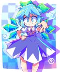  1girl blue_dress blue_hair blue_pupils cirno colored_skin crystal detached_wings dress green_ribbon highres red_ribbon ribbon simple_background sir_koi smile touhou white_skin wings 