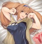  1girl breasts brown_eyes brown_shirt fuwafuwatoufu hairband highres i-26_(kancolle) kantai_collection large_breasts light_brown_hair long_hair looking_at_viewer lying name_tag new_school_swimsuit one-hour_drawing_challenge open_clothes open_shirt sailor_collar school_swimsuit shirt short_sleeves solo swimsuit swimsuit_under_clothes tongue tongue_out two-tone_hairband two_side_up upper_body 