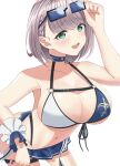  1girl absurdres beach bikini blush braid breasts cleavage green_eyes grey_hair hair_ornament highres hololive large_breasts looking_at_viewer mole mole_on_breast navel open_mouth shirogane_noel simple_background solo swimsuit virtual_youtuber 