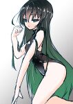  1girl bangs black_eyes black_hair character_request copyright_request gradient gradient_background grey_background hair_between_eyes highres long_hair pelvic_curtain side_slit solo tagme une une_back 