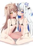  2girls :3 absurdres ahoge amane_kanata animal_ears bikini blue_hair blush cat_ears colored_inner_hair flat_chest grey_hair highres hololive indie_virtual_youtuber light_brown_hair lion_ears lion_girl long_hair makino_maki micro_bikini multicolored_hair multiple_girls navel parted_lips purple_eyes rurudo_lion simple_background sitting smile stomach string_bikini swimsuit two_side_up wariza white_background yellow_eyes 