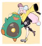  1girl 1other bellibolt black_jacket blue_hair blush colored_skin do_m_kaeru frog green_skin high_heels iono_(pokemon) jacket multicolored_clothes multicolored_hair multicolored_jacket one_eye_closed open_mouth pink_eyes pink_hair pokemon pokemon_(creature) pokemon_(game) pokemon_sv sharp_teeth smile teeth yellow_eyes yellow_jacket 