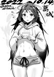  1girl alternate_costume asava_(hutaitenn) clothes_lift commentary_request cowboy_shot dated greyscale hair_ribbon highres hood hooded_sweater hoodie kantai_collection katsuragi_(kancolle) long_hair monochrome navel one-hour_drawing_challenge ponytail ribbon short_shorts shorts solo standing sweater sweater_lift twitter_username 