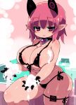  1girl areola_slip bangs bikini black_bikini black_gloves blush breasts commentary_request condom condom_wrapper deathlock-san foam gloves highres huge_breasts looking_at_viewer micro_bikini original pointy_ears red_eyes red_hair short_hair solo swimsuit thick_thighs thighs zankuro 