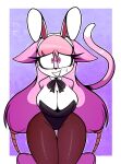  anthro big_breasts black_lips blush bow_ribbon breasts bunny_costume cleavage clothed clothing costume domestic_cat embarrassed fake_ears fake_rabbit_ears felid feline felis female fur hair hands_behind_back hi_res legwear lips long_hair long_tail looking_at_viewer mammal nelljoestar pantyhose pink_body pink_eyes pink_fur pink_hair solo thick_thighs wide_hips 