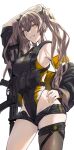  1girl absurdres arm_up armband brown_hair chest_harness competition_swimsuit cowboy_shot fujita_(condor) girls&#039;_frontline gun h&amp;k_ump9 hand_on_hip harness highres jacket off_shoulder one-piece_swimsuit scar scar_across_eye scar_on_face short_shorts shorts single_thighhigh standing submachine_gun swimsuit thigh_strap thighhighs twintails two-tone_swimsuit ump9_(girls&#039;_frontline) unzipped weapon white_background 