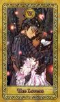  1boy 1girl armor berserk black_hair brown_hair casca_(berserk) dark-skinned_female dark_skin guts_(berserk) highres hug long_hair short_hair tarot the_lovers_(tarot) user_cxxy8358 wing_hair_ornament 